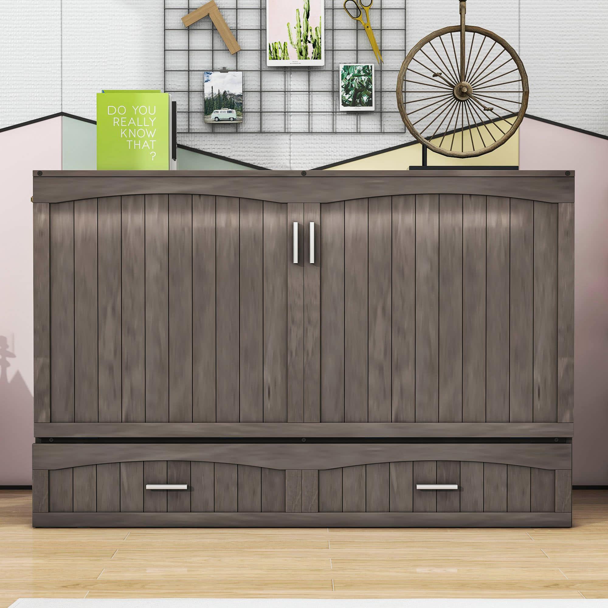 Farmhouse Queen Murphy Bed with Built-In Storage Drawer and Charging Station USB Ports