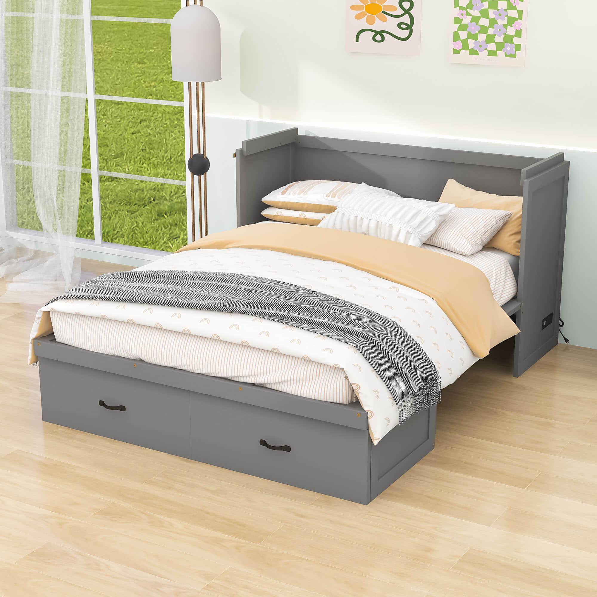 Horizontal Queen Murphy Bed with Storage Drawer & USB Port - Charging Station