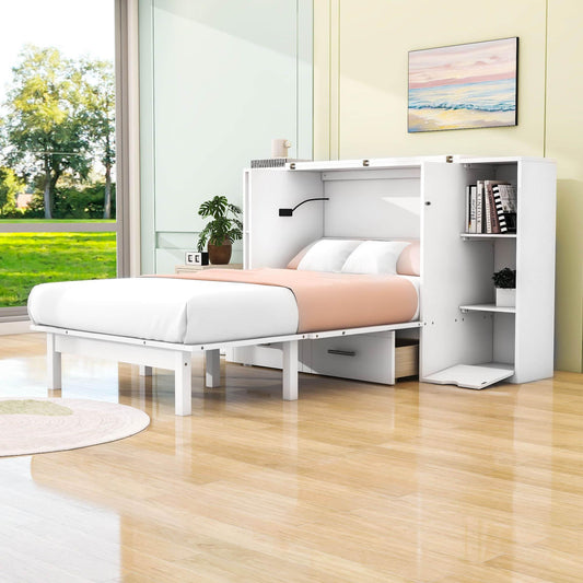 Modern Smart Full Size Horizontal Murphy Bed with Shelves - [Drawers, USB Ports]