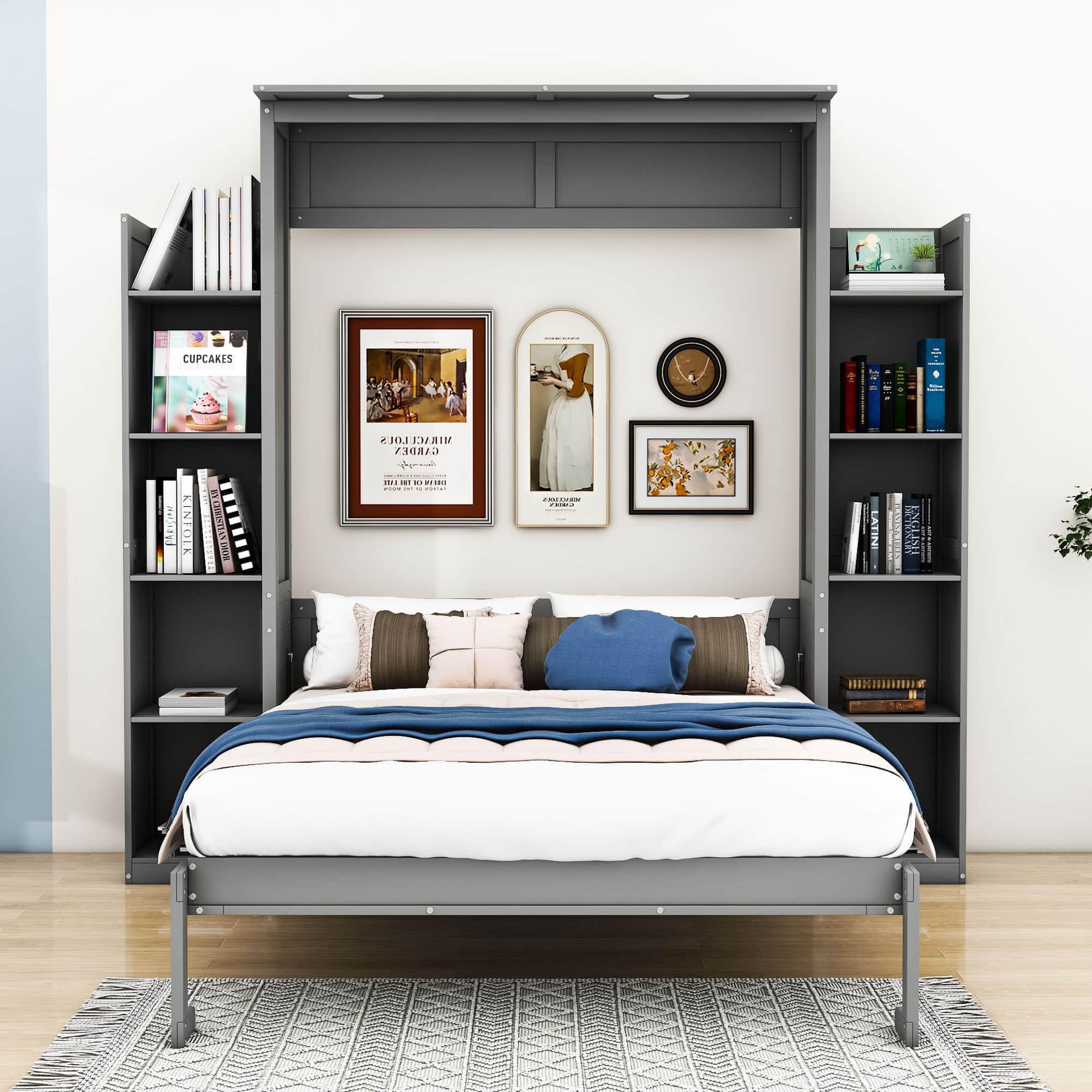 Modern Full Size Murphy Bed with Shelves and LED Lights