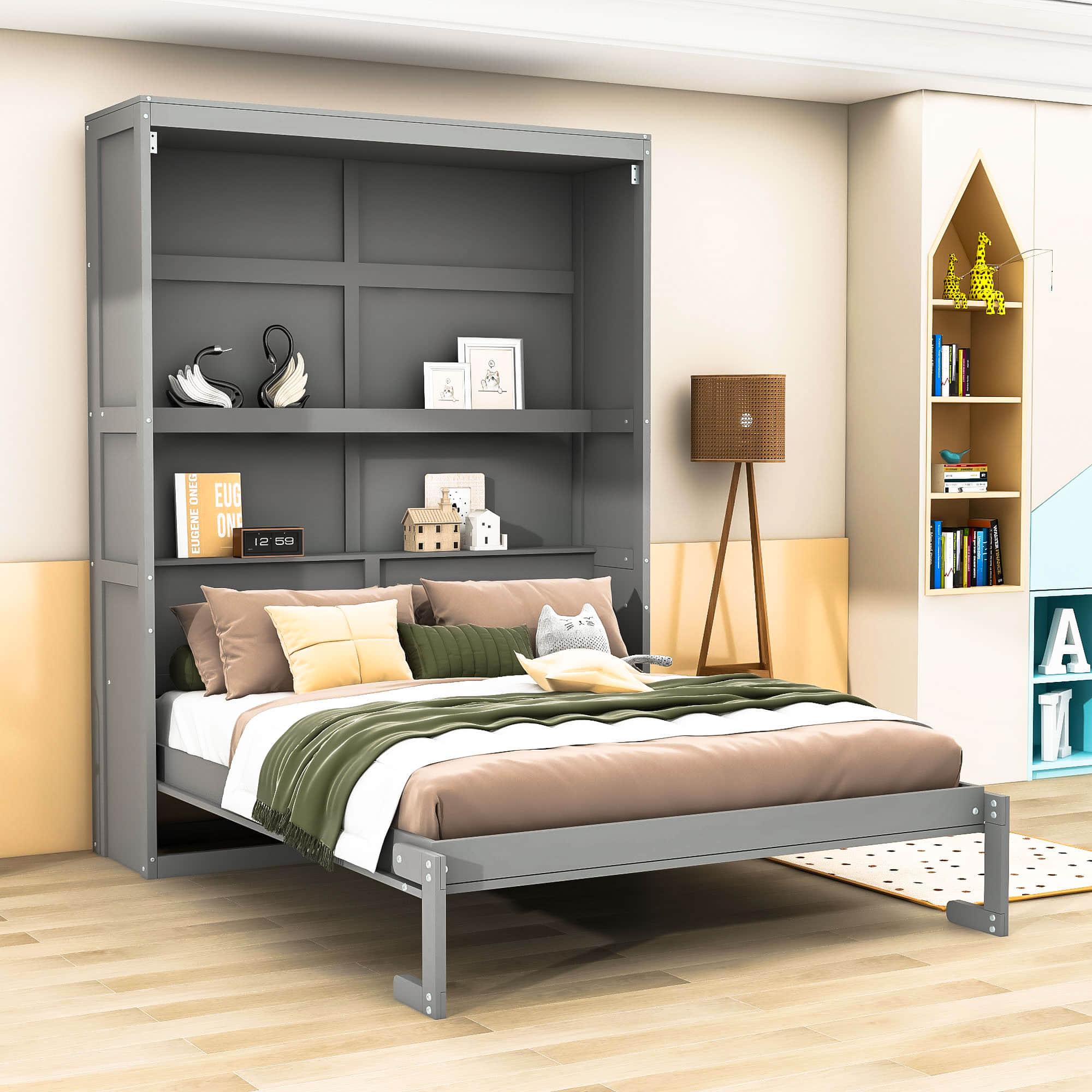 Queen Size Murphy Bed Wall Bed with Shelves - [Wood, Vertical]