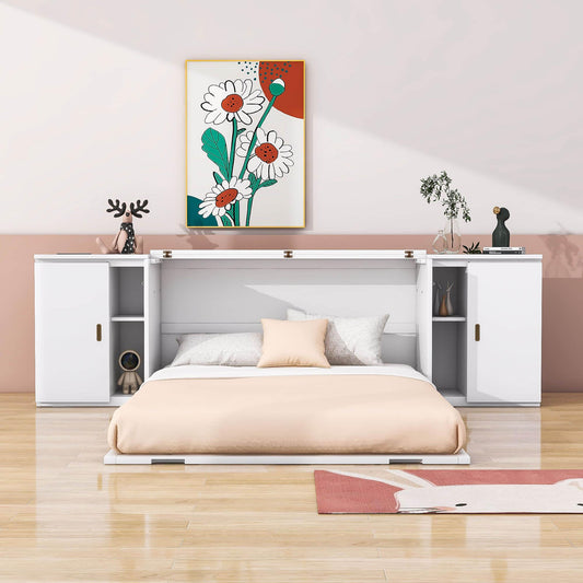 Wooden Modern Smart Floor Cabinet Bed Queen with Shelves - [USB Ports]