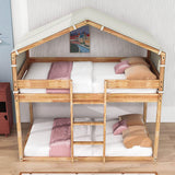 Solid Wood Low Twin Over Twin House Bunk Beds with Tent for Kids Toddler