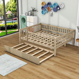 Wooden Full Size Low Kids Bed with Twin Size Trundle and Rails