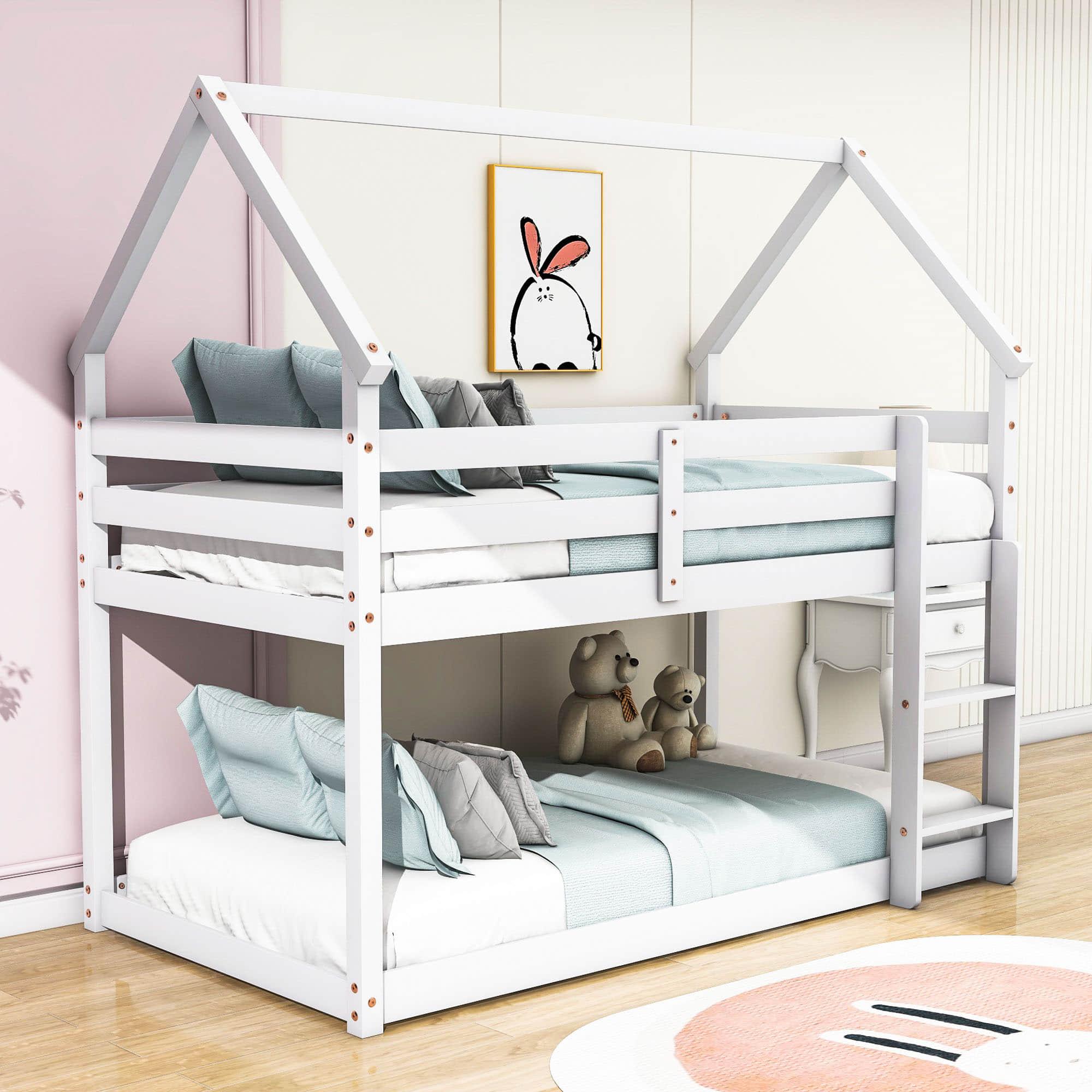 Small Low Twin Over Twin House Floor Bunk Beds for Kids, Toddler