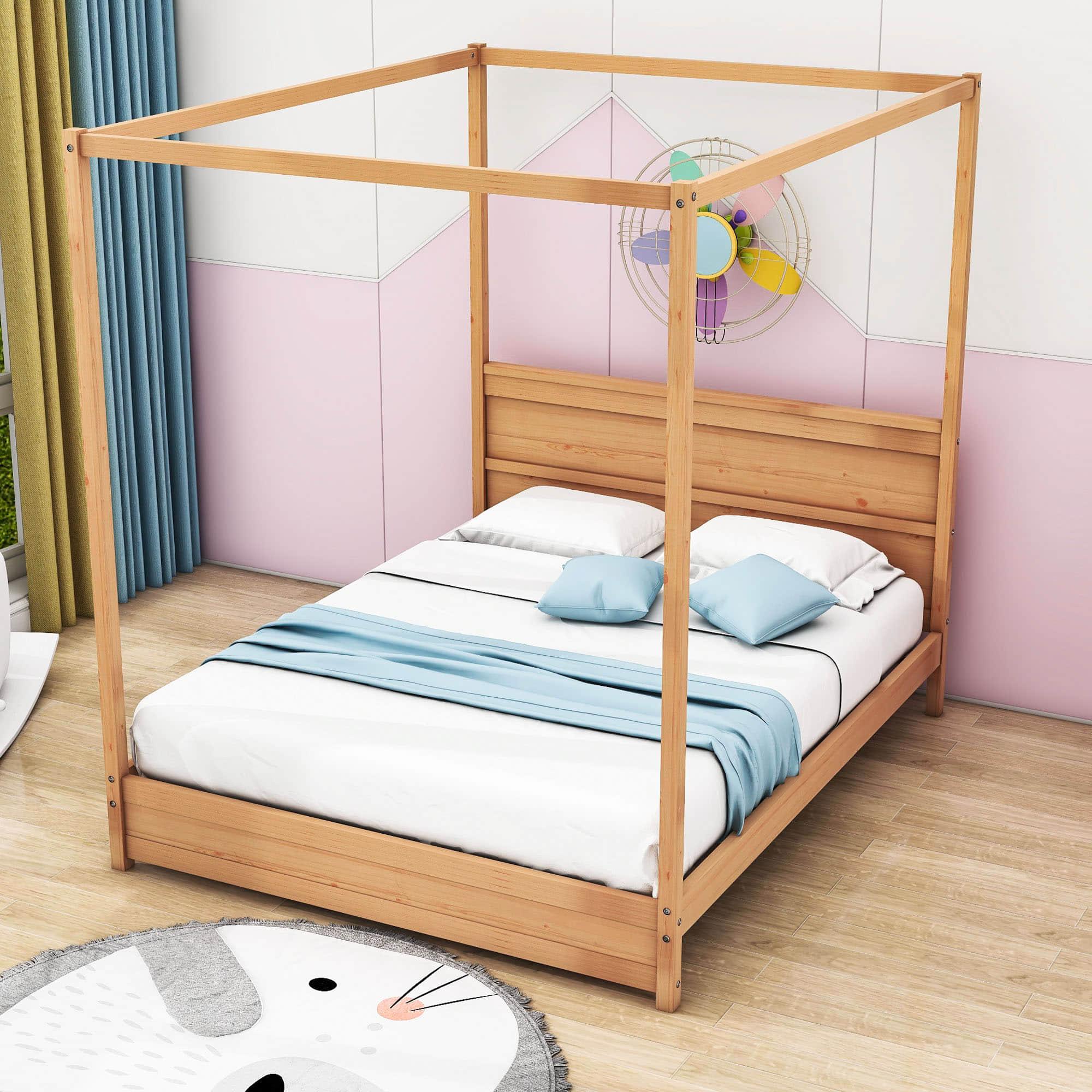 Wooden Modern Low Profile Queen Canopy Bed Frame with Headboard