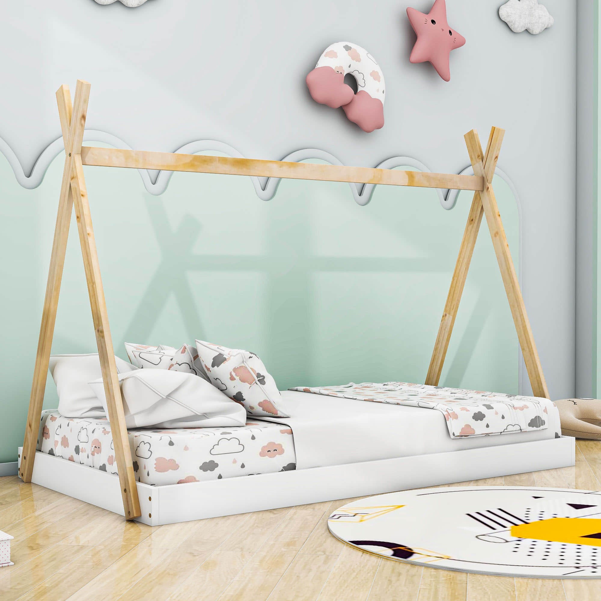 Kids Twin Tent Floor Bed for Toddler - [Montessori, Wooden, Teepee]