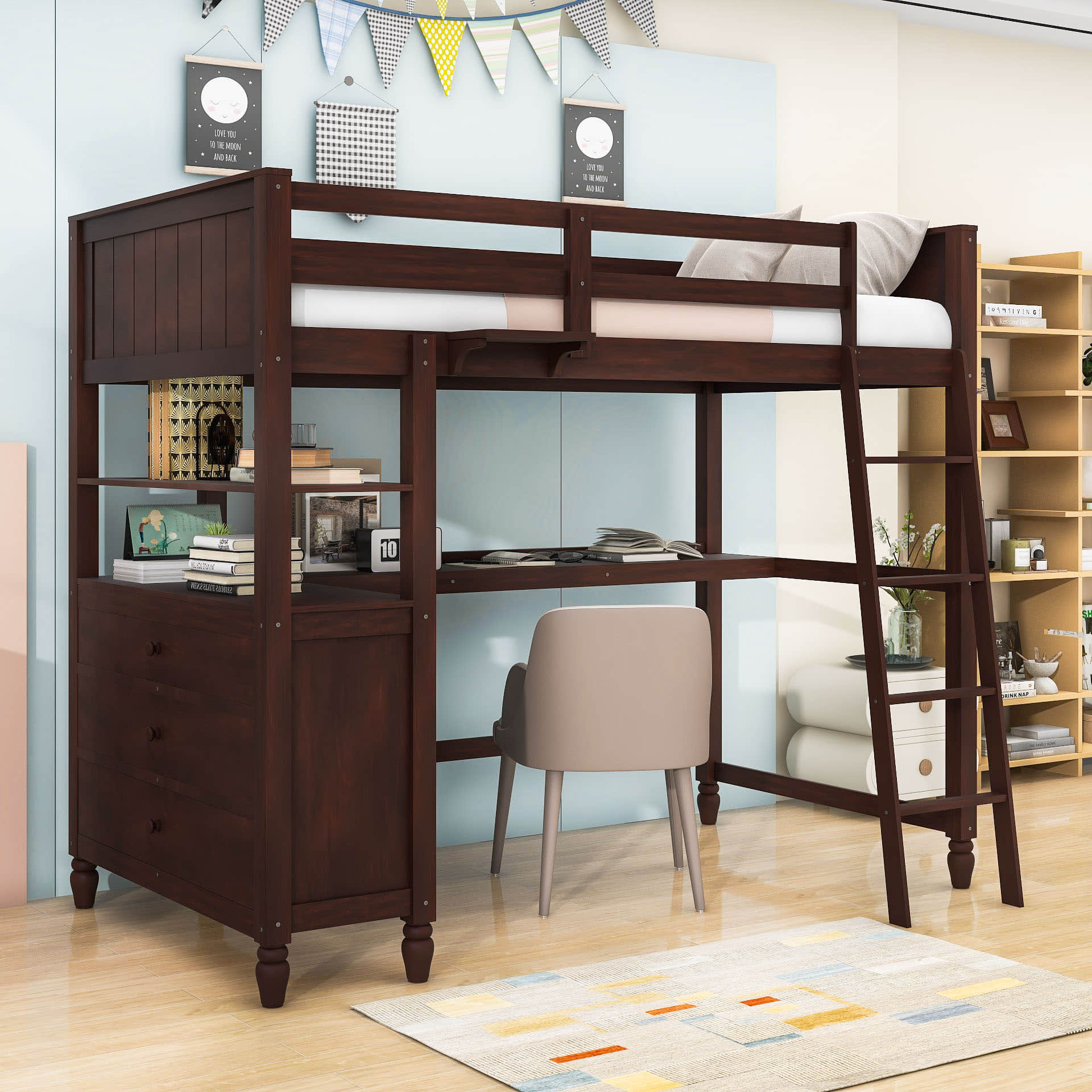 Twin Size Convertible Loft Bed with Desk and Storage - [Dresser, Shelves]