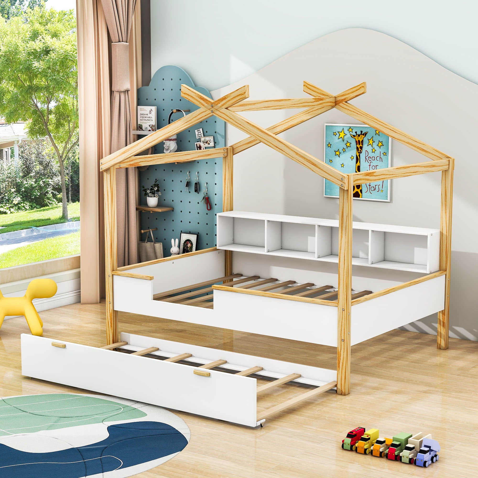 Full House Kids Bed Frame with Twin Trundle Bed and Bookshelf Storage