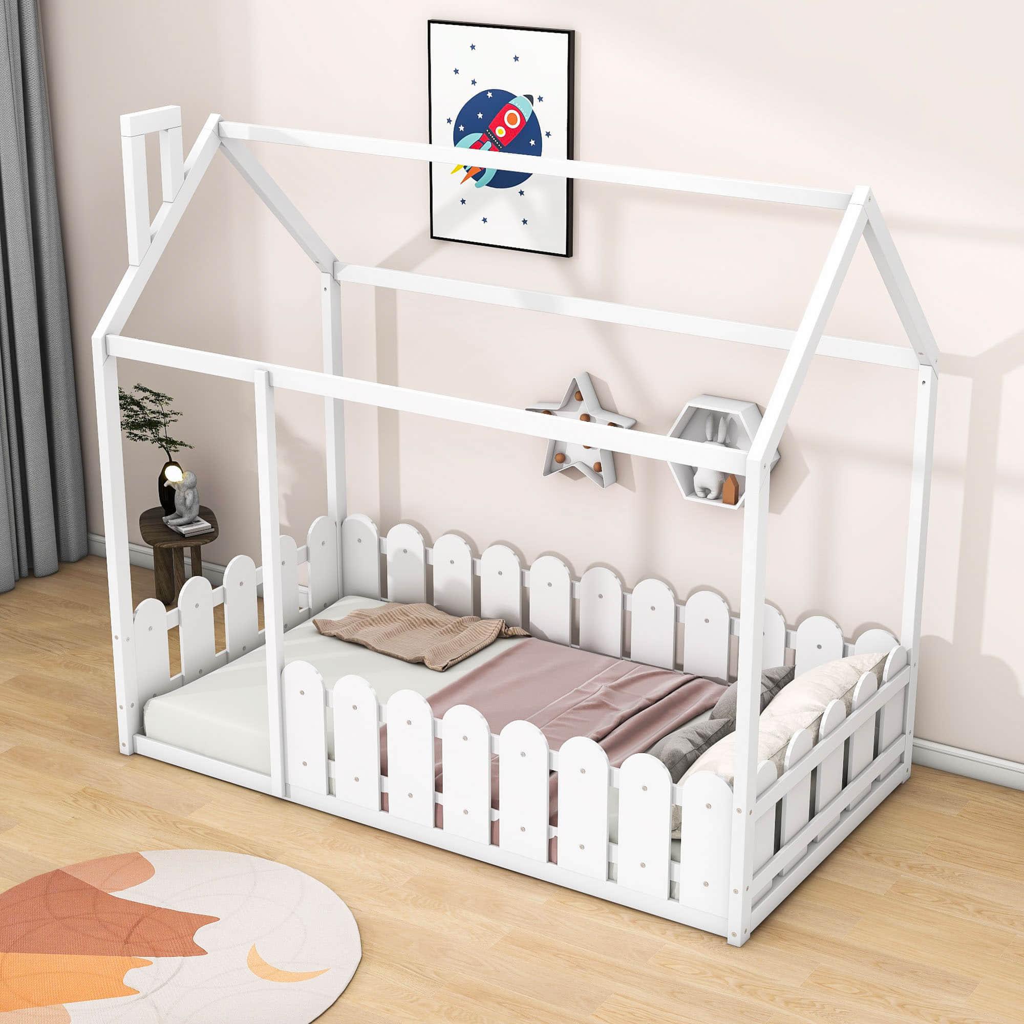 Twin Toddler Floor House Bed Frame with Rails - [Without Slats]