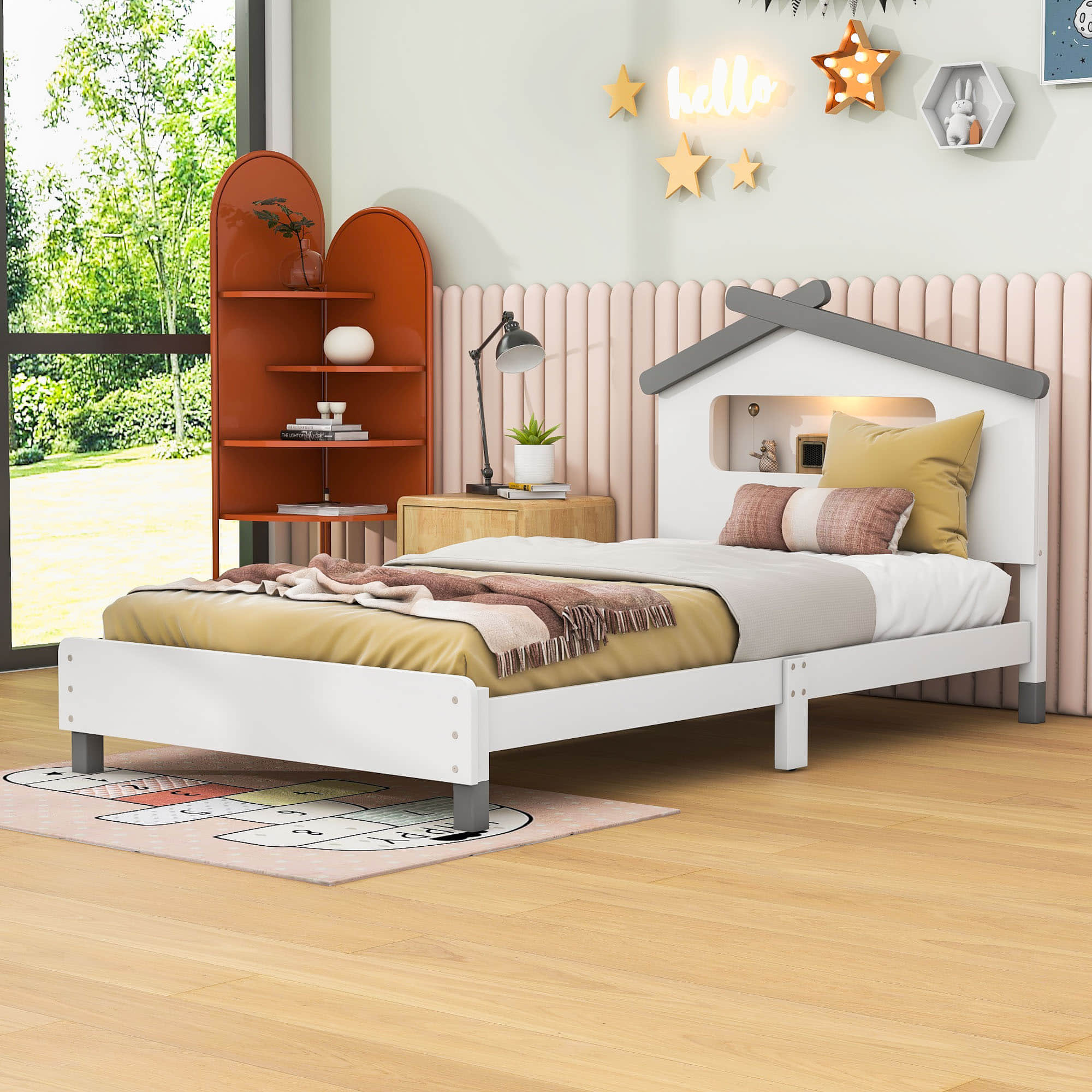 Kids Twin Platform Bed with House-Shaped Headboard and LED Lights