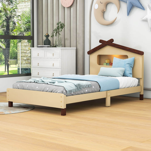 Kids Twin Platform Bed with House-Shaped Headboard and LED Lights