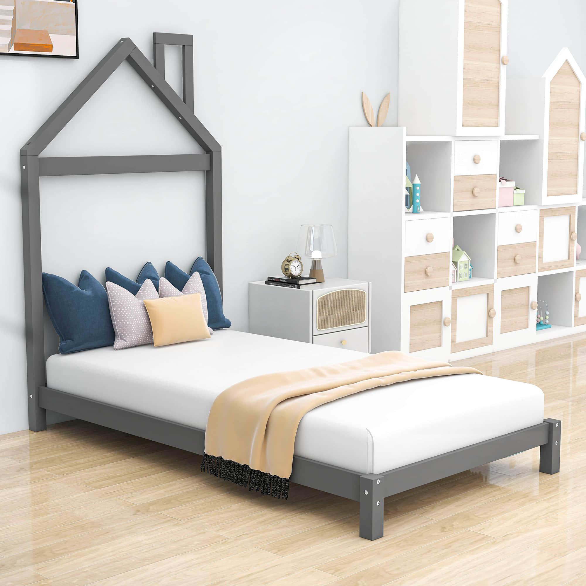 Wood Twin Size Low Platform Bed with House-shaped Headboard