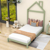 Wood Twin Size Low Platform Bed with House-shaped Headboard