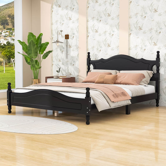 Traditional Wood Queen Size Low Profile Platform Bed Frame with Headboard