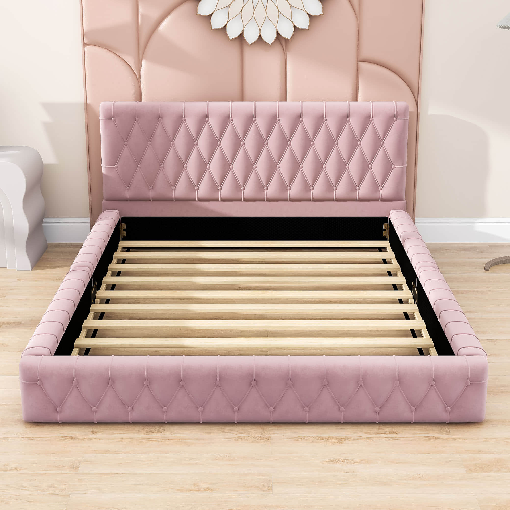 Modern Velvet Upholstered Queen Bed Frame with Tufted Headboard