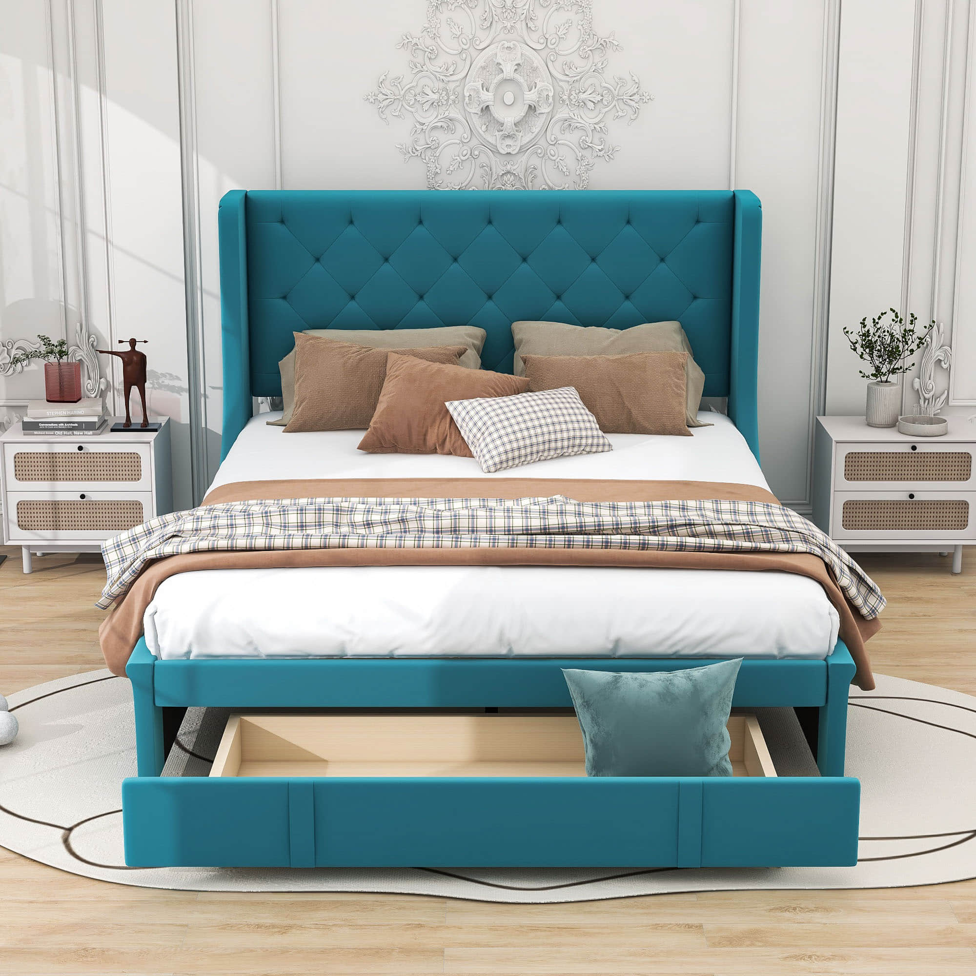 Queen Upholstered Bed Frame with Wingback Headboard and Storage