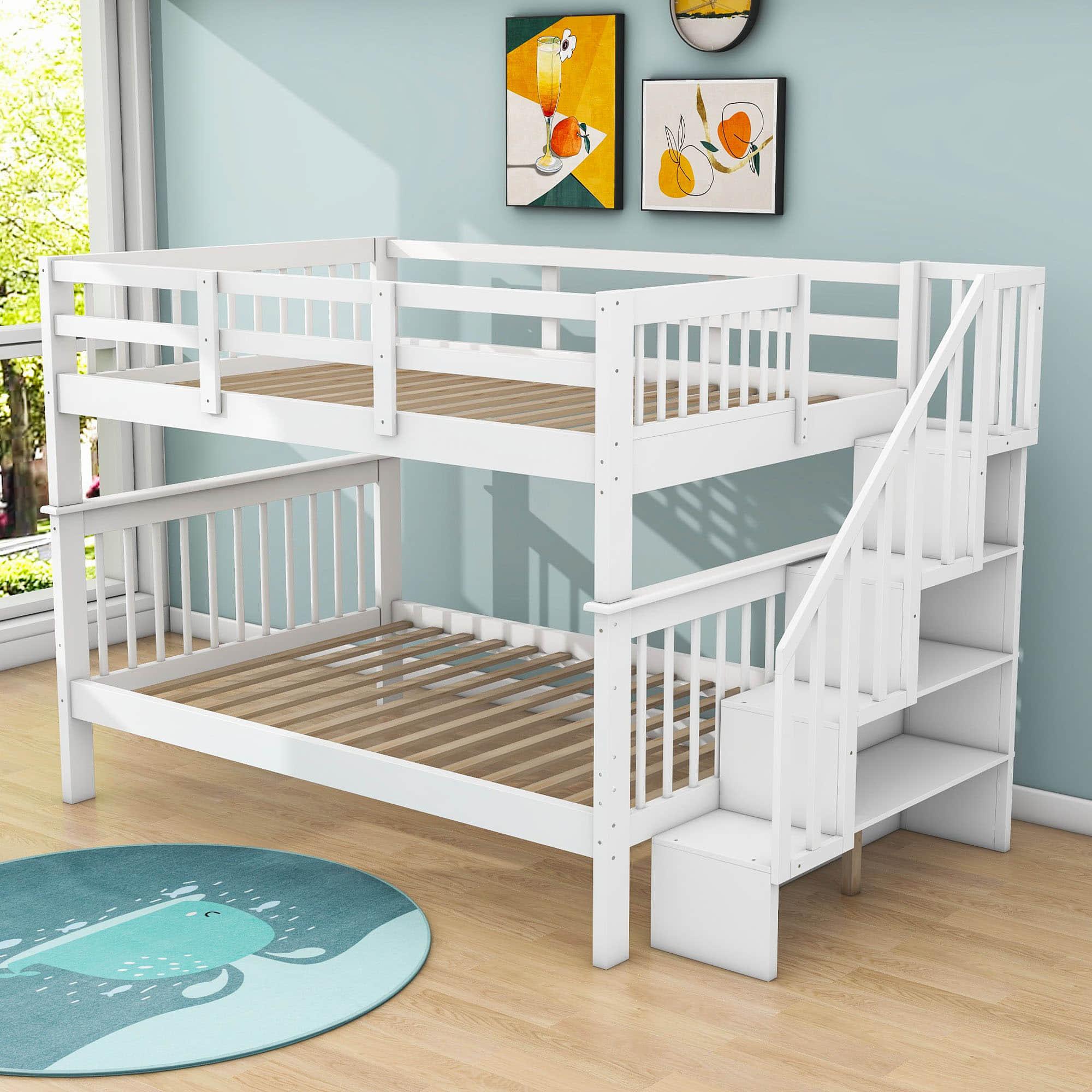 Wooden Full Over Full Bunk Beds with Storage and Stairs - [Detachable]