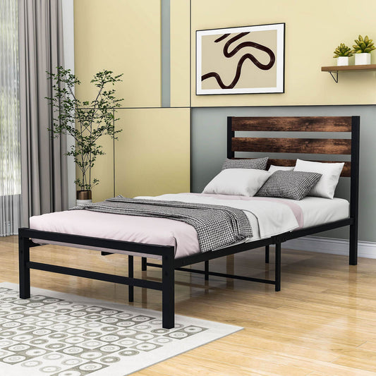 Rustic Twin Size Metal Bed Frame with Vintage Wood Headboard