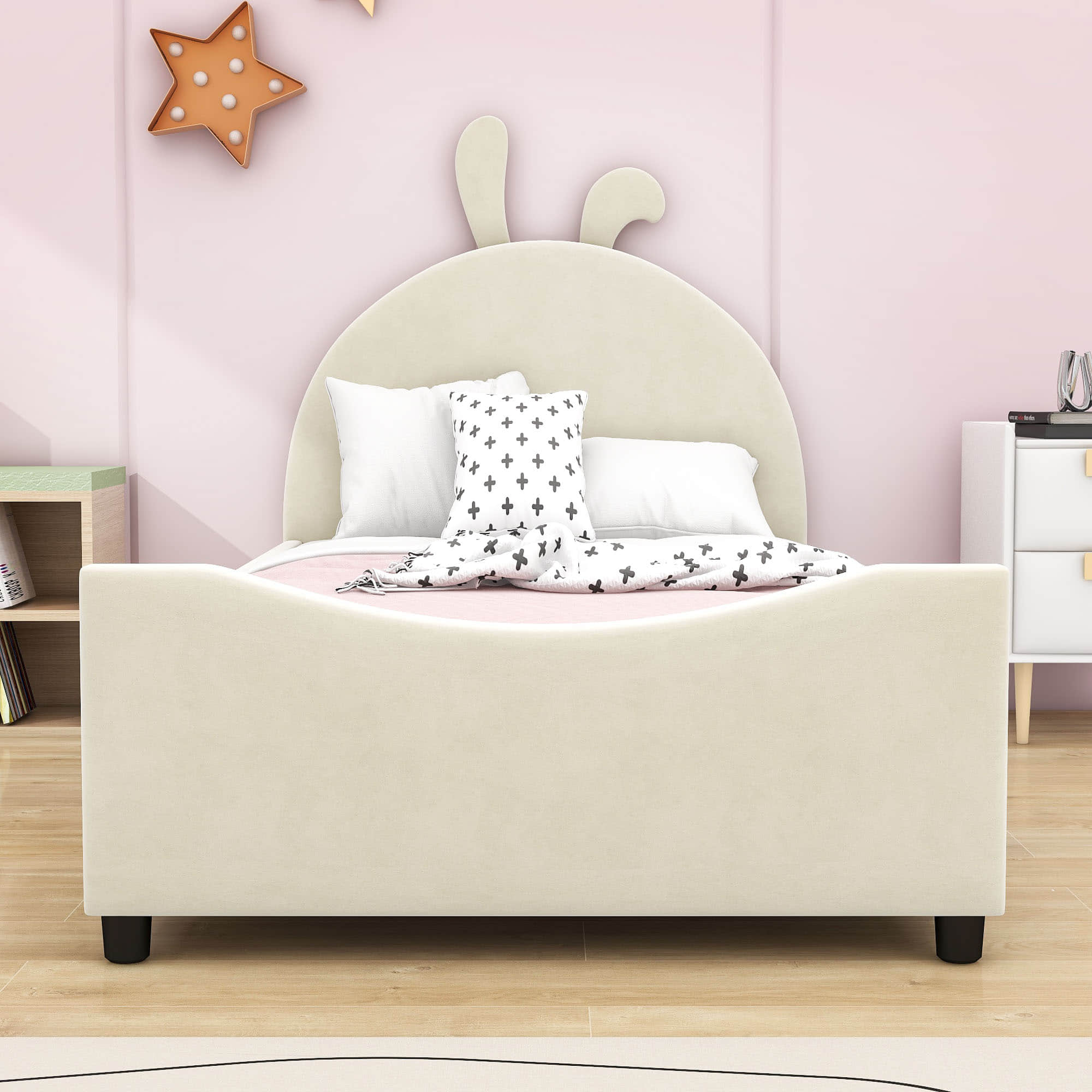 Cute Twin Size Low Profile Upholstered Toddler Bed with Rails