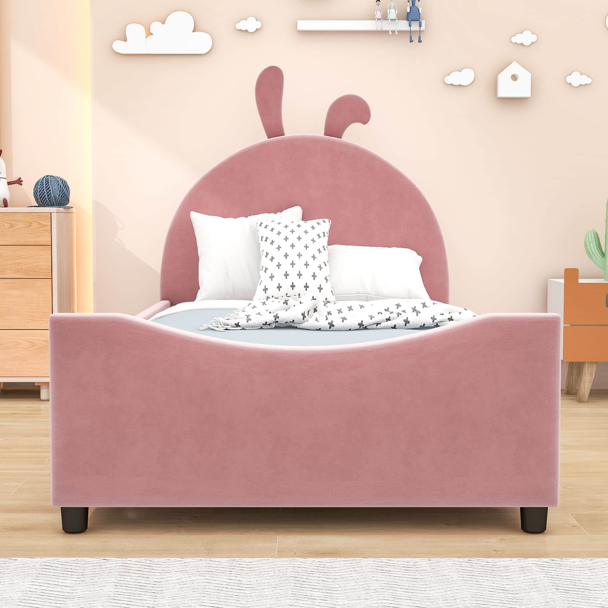 Cute Twin Size Low Profile Upholstered Toddler Bed with Rails