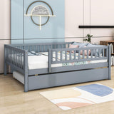 Wooden Full Size Low Kids Bed with Twin Size Trundle and Rails