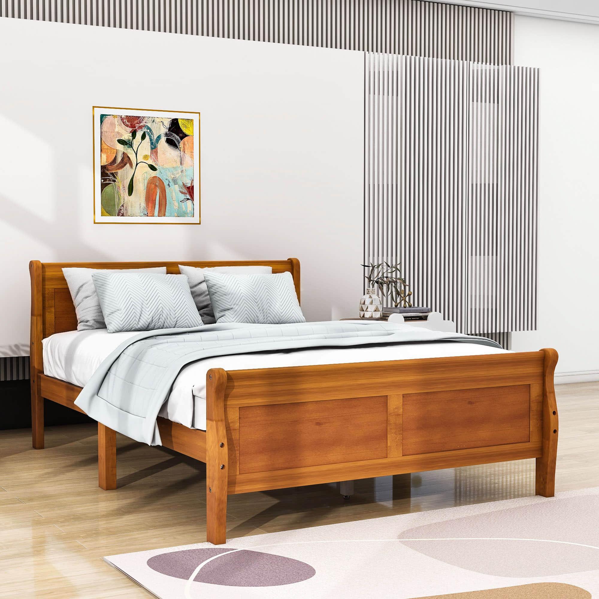 Wooden Full Size Platform Bed with Headboard - [Sleigh]