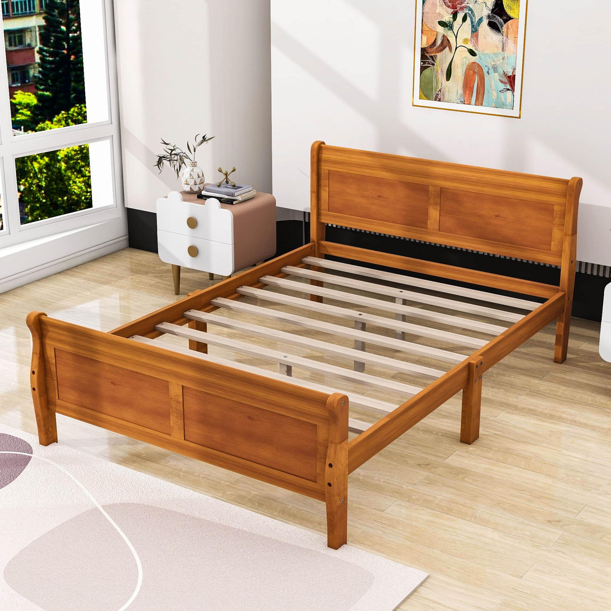 Wooden Full Size Platform Bed with Headboard - [Sleigh]