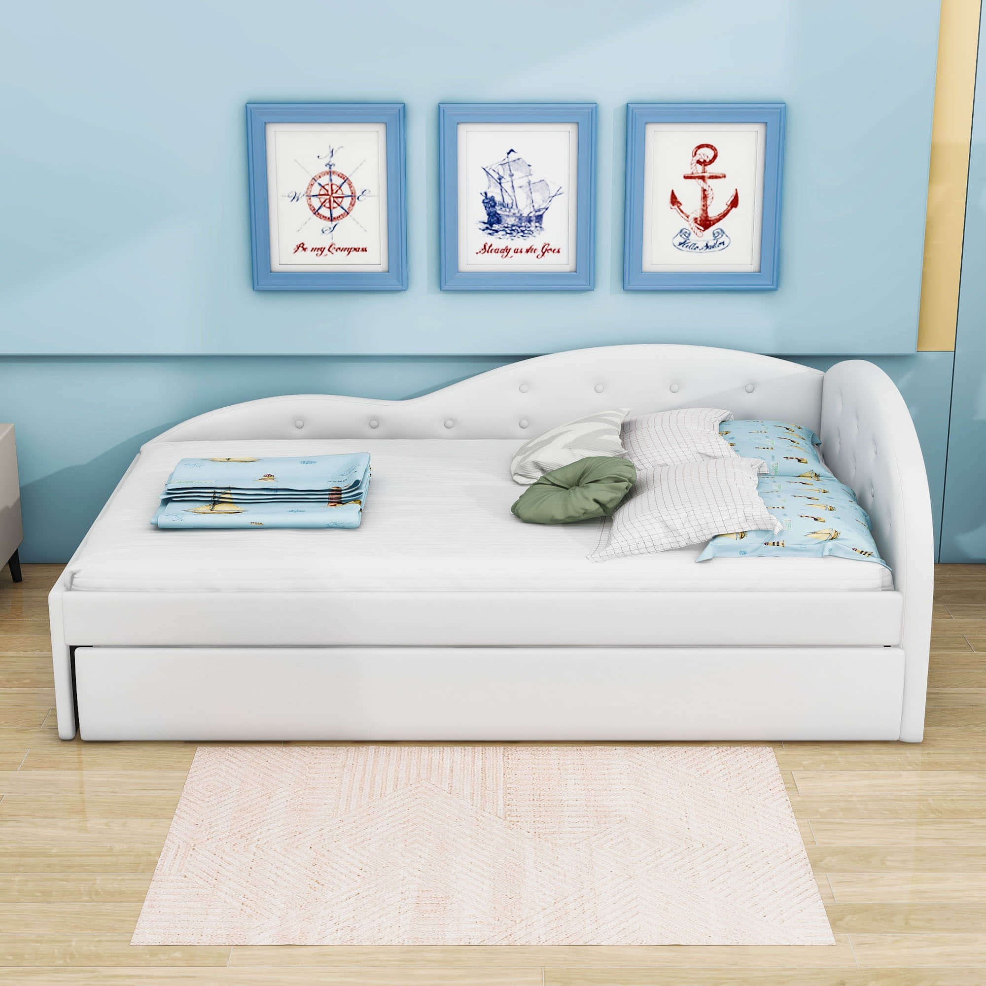 Twin PU Upholstered Kids Daybed with Trundle and Cloud-Shaped Rail