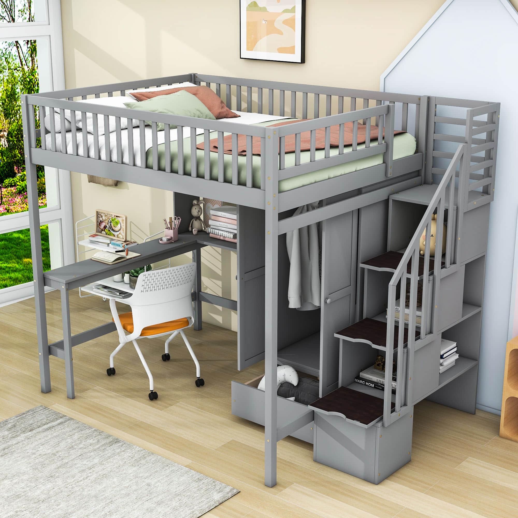 Full Size Loft Bed with Desk and Stairs, Storage - [Wood, Drawers, Wardrobe, Shelves]