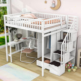 Full Size Loft Bed with Desk and Stairs, Storage - [Wood, Drawers, Wardrobe, Shelves]