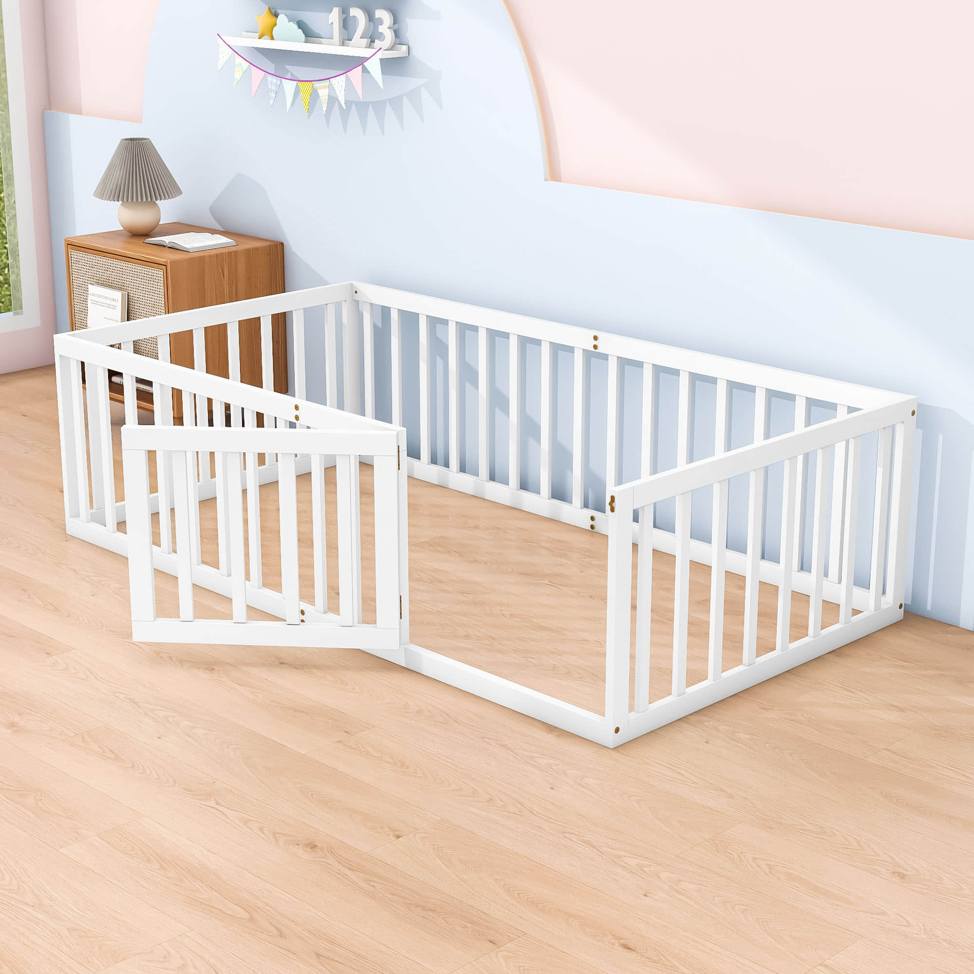 Wood Twin Size Montessori Toddler Floor Bed Frame with Rails and Door