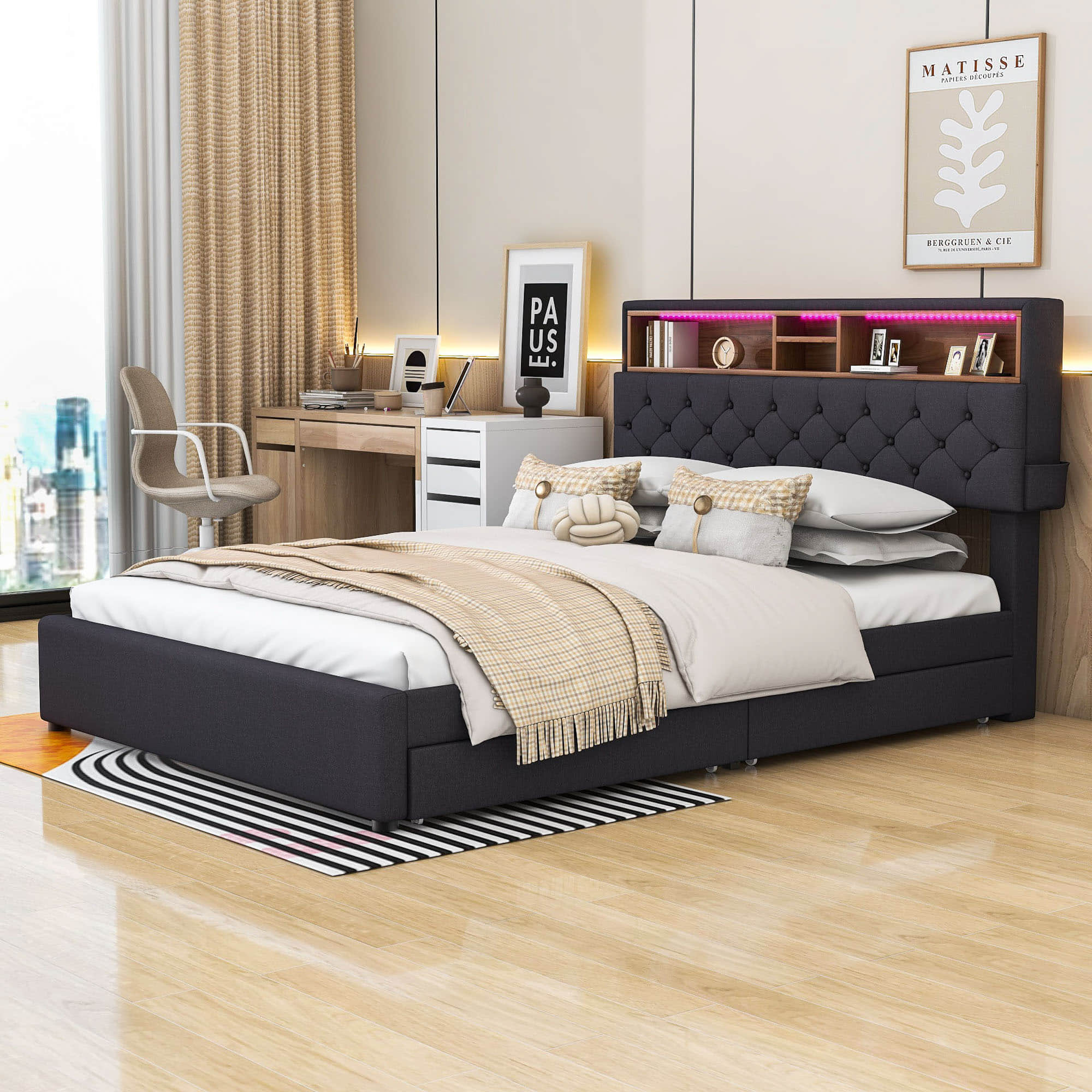 Modern Smart Queen Upholstered Bed Frame with Storage Headboard, LED Lights