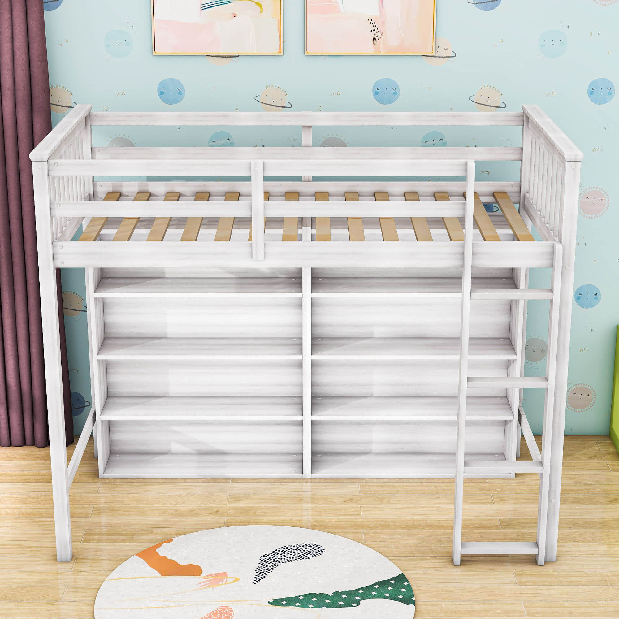 Wood Twin Loft Bed with Large Open Storage Shelves for Adults, Kids