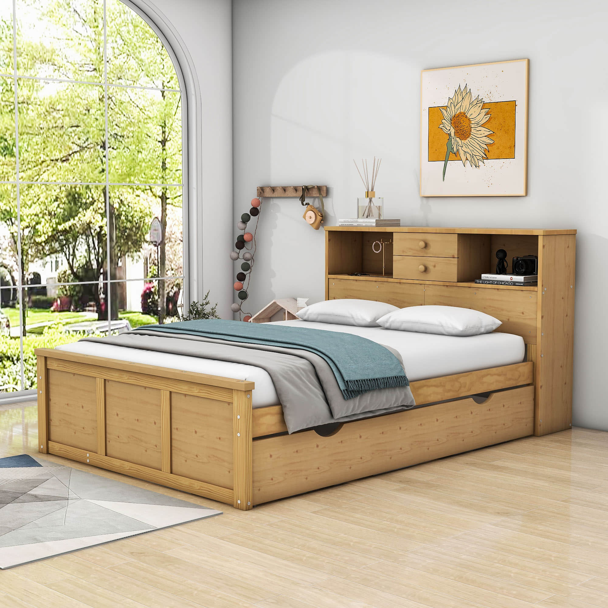 Wood Smart Full Platform Bed with Twin Trundle and Storage Headboard