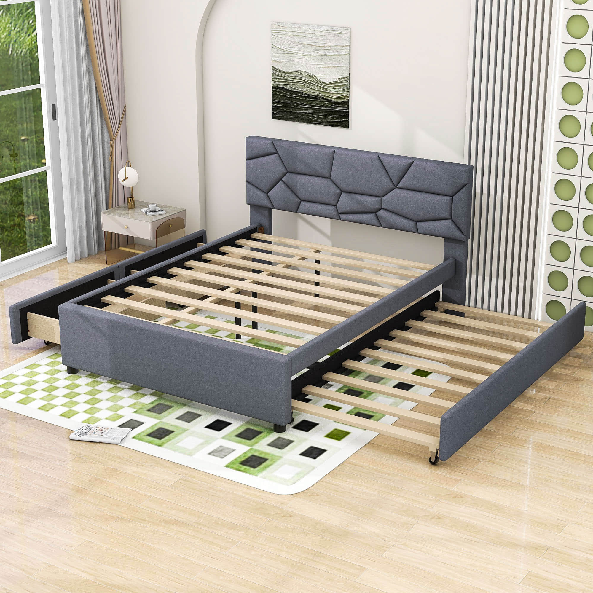 Queen Platform Upholstered Bed Frame with Headboard, Twin XL Trundle Bed