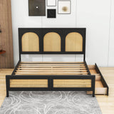 Queen Size Wood Platform Bed with Storage and Rattan Headboard