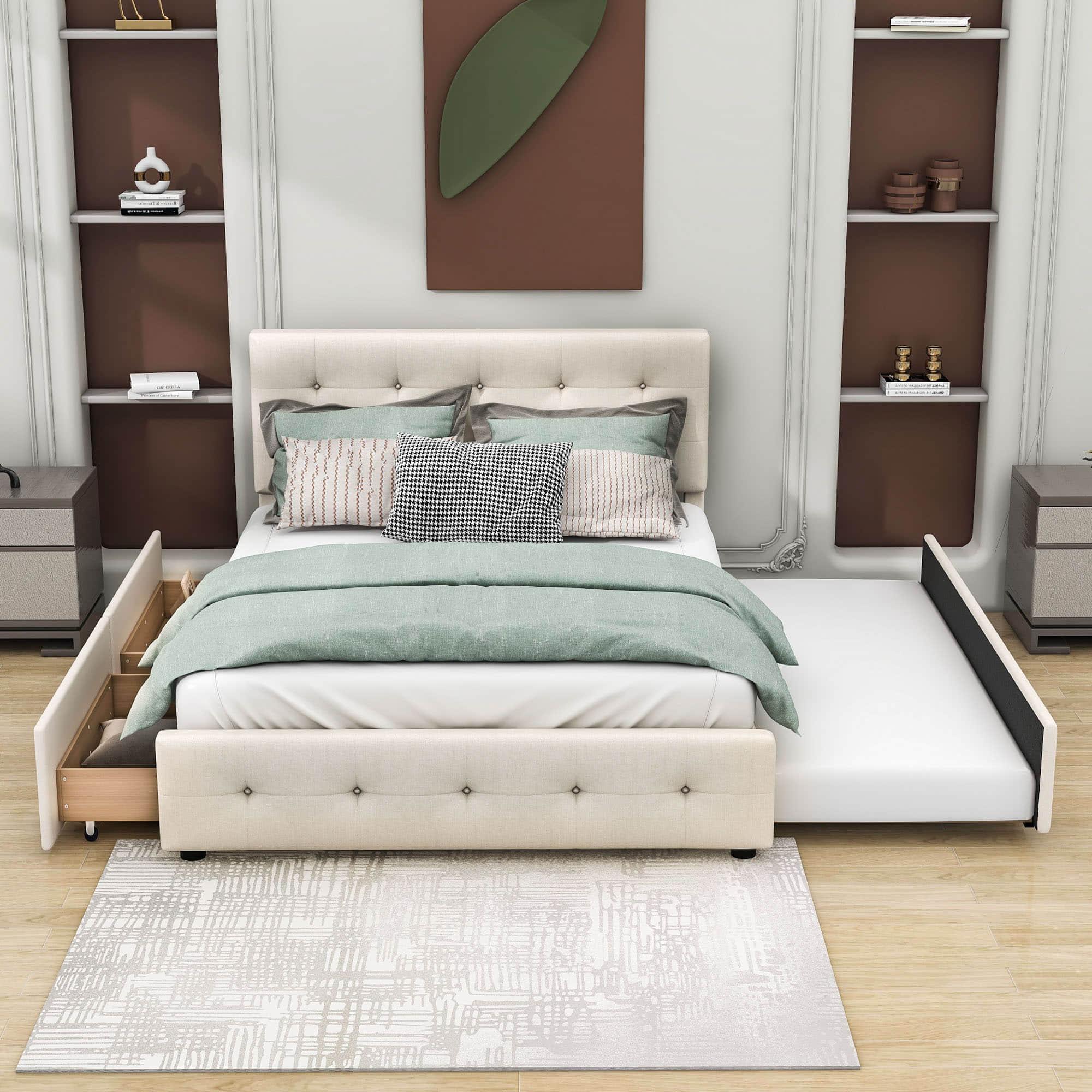 Upholstered Queen Size Platform Bed with Storage and Twin XL Trundle - [Headboard]