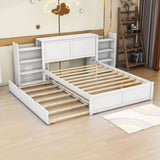 Full Platform Bed Frame with Pull Out Shelves and Twin Trundle