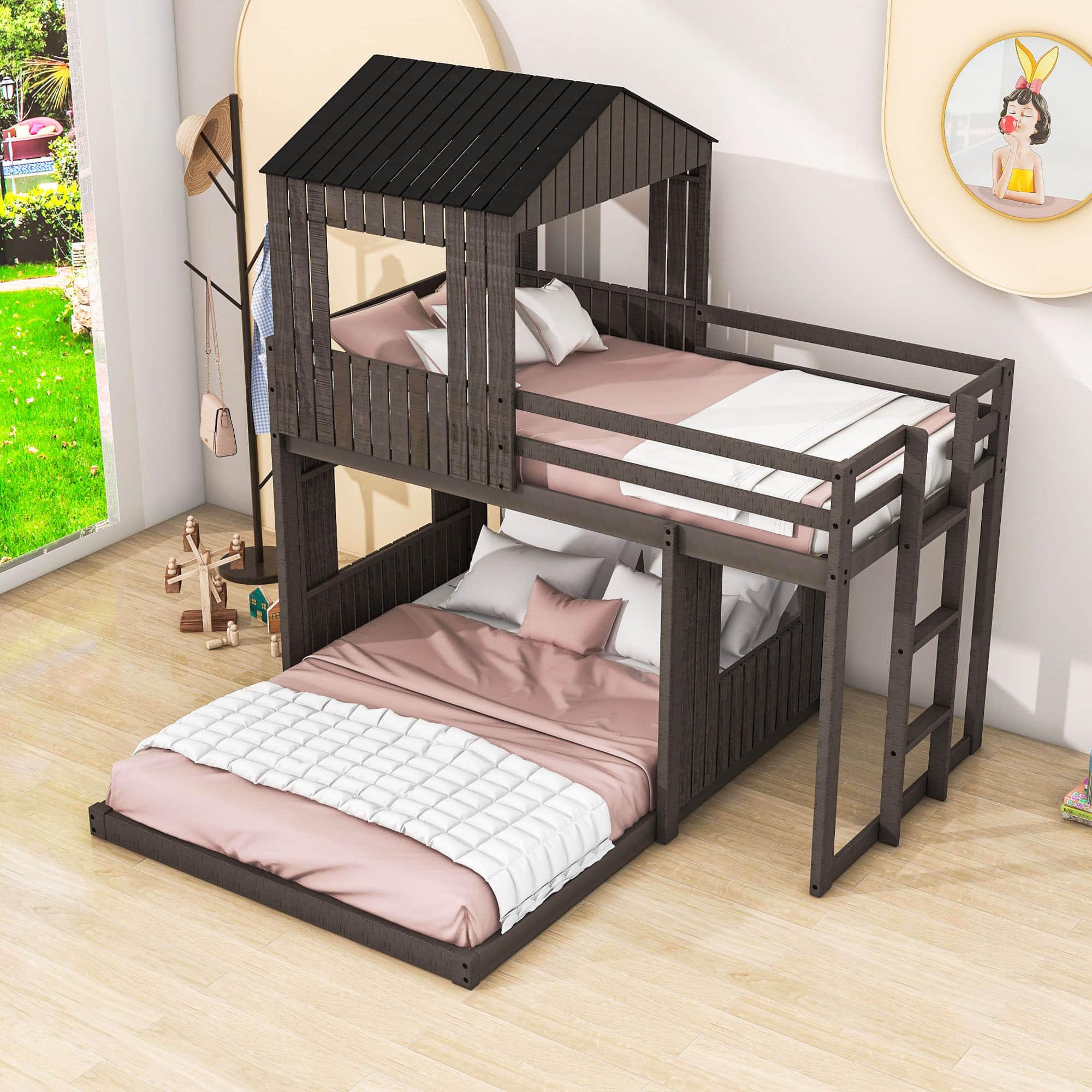 Fun Wooden L-Shaped Twin Over Full House Bunk Beds for Kids - [Low to Floor]