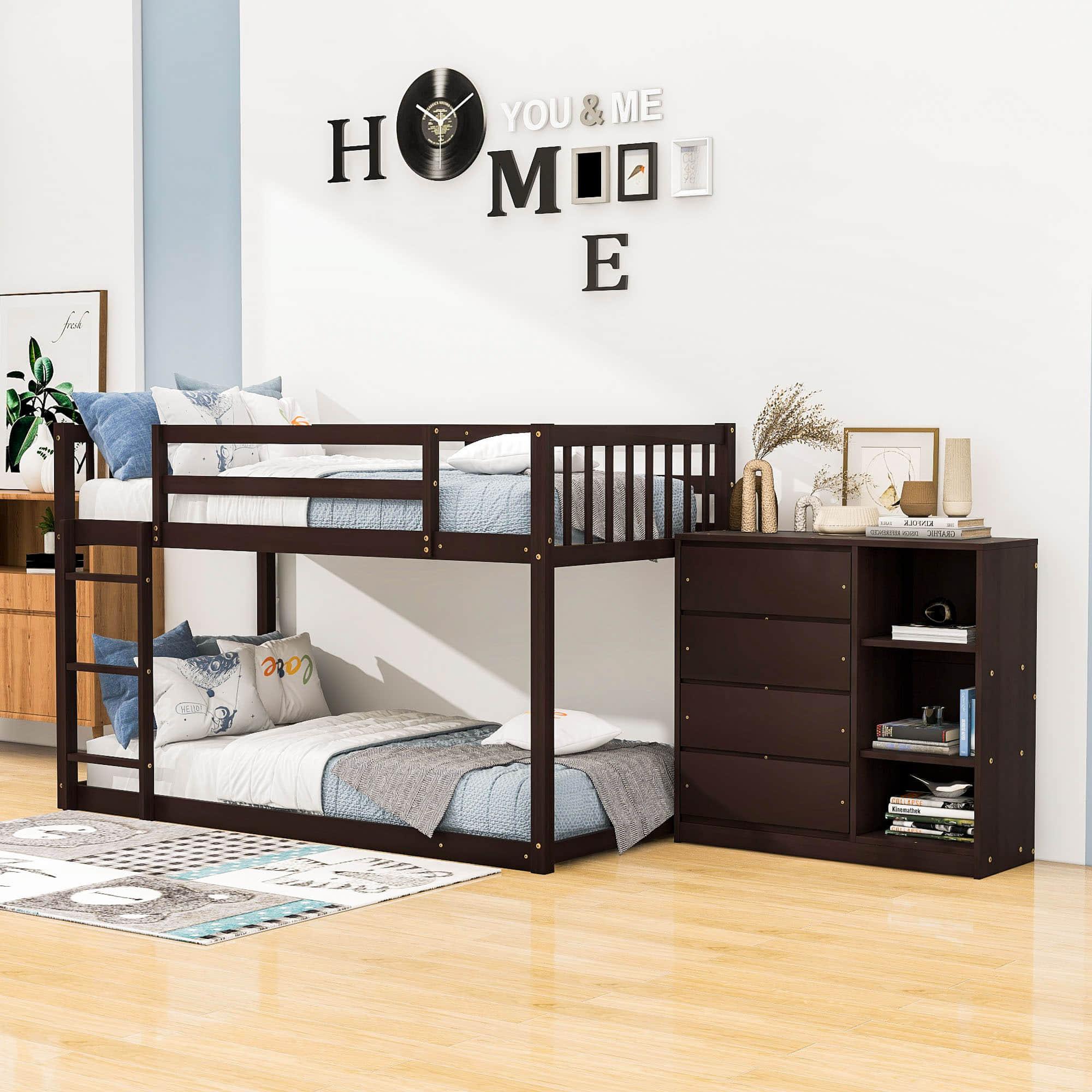 Low Twin Over Twin Bunk Beds with Detachable Storage Dresser - [Drawers, Shelves]