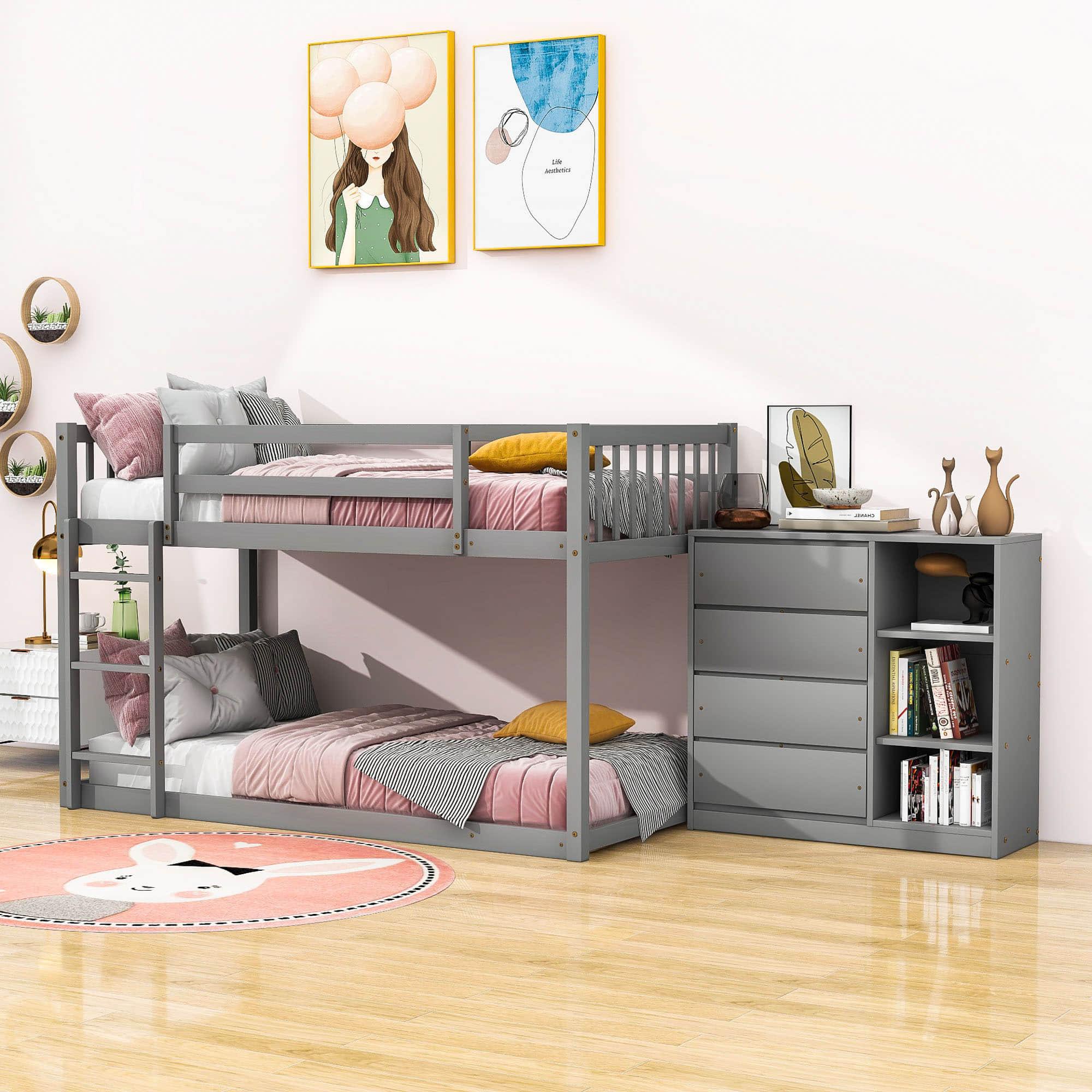 Low Twin Over Twin Bunk Beds with Detachable Storage Dresser - [Drawers, Shelves]