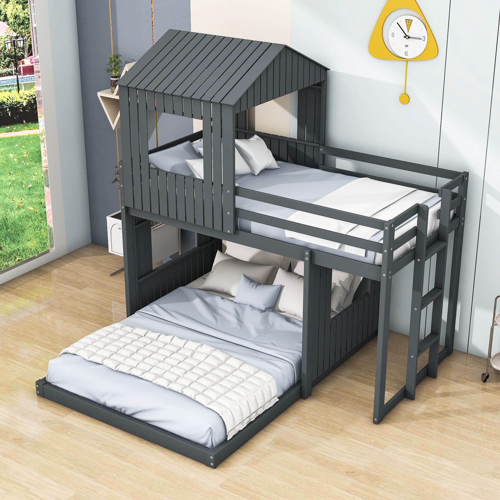 Fun Wooden L-Shaped Twin Over Full House Bunk Beds for Kids - [Low to Floor]