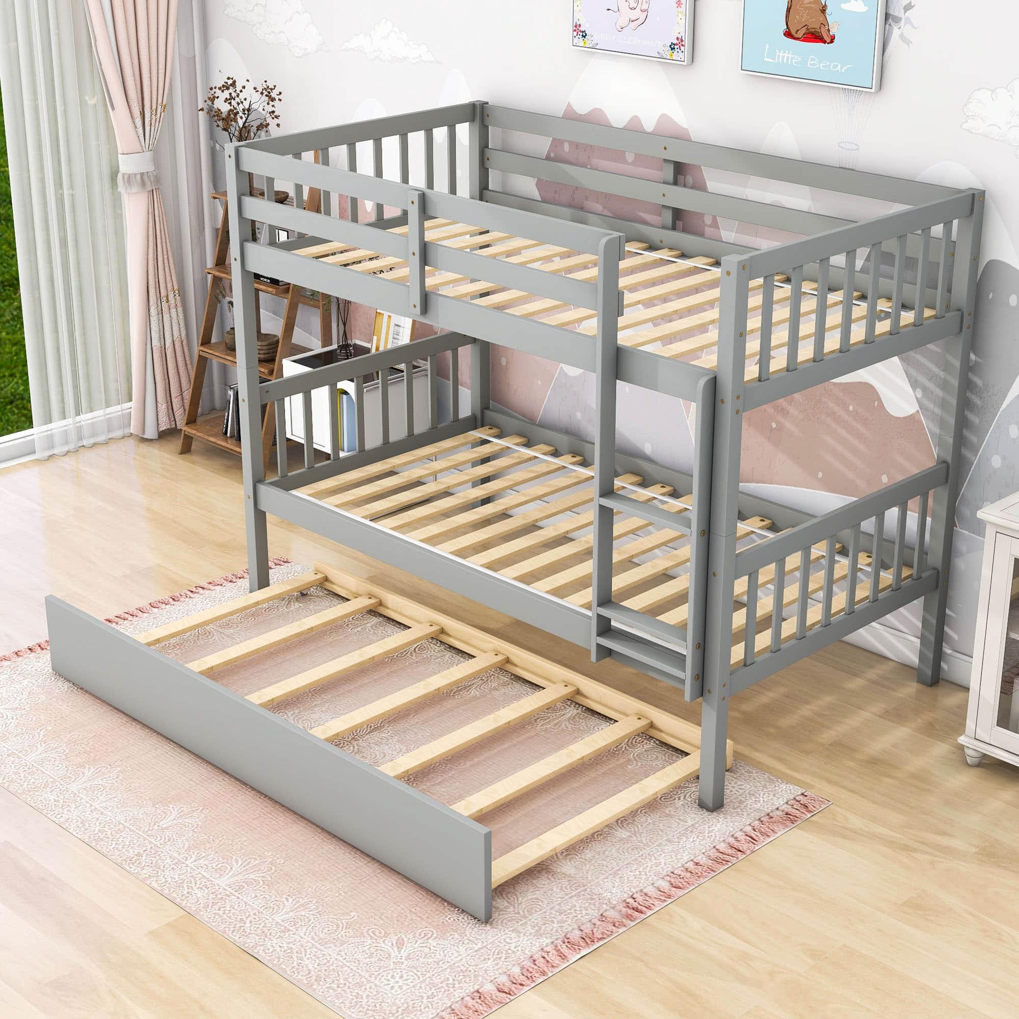 Convertible Twin Over Twin Bunk Beds with Trundle for Kids, Teens - [Solid Wood]