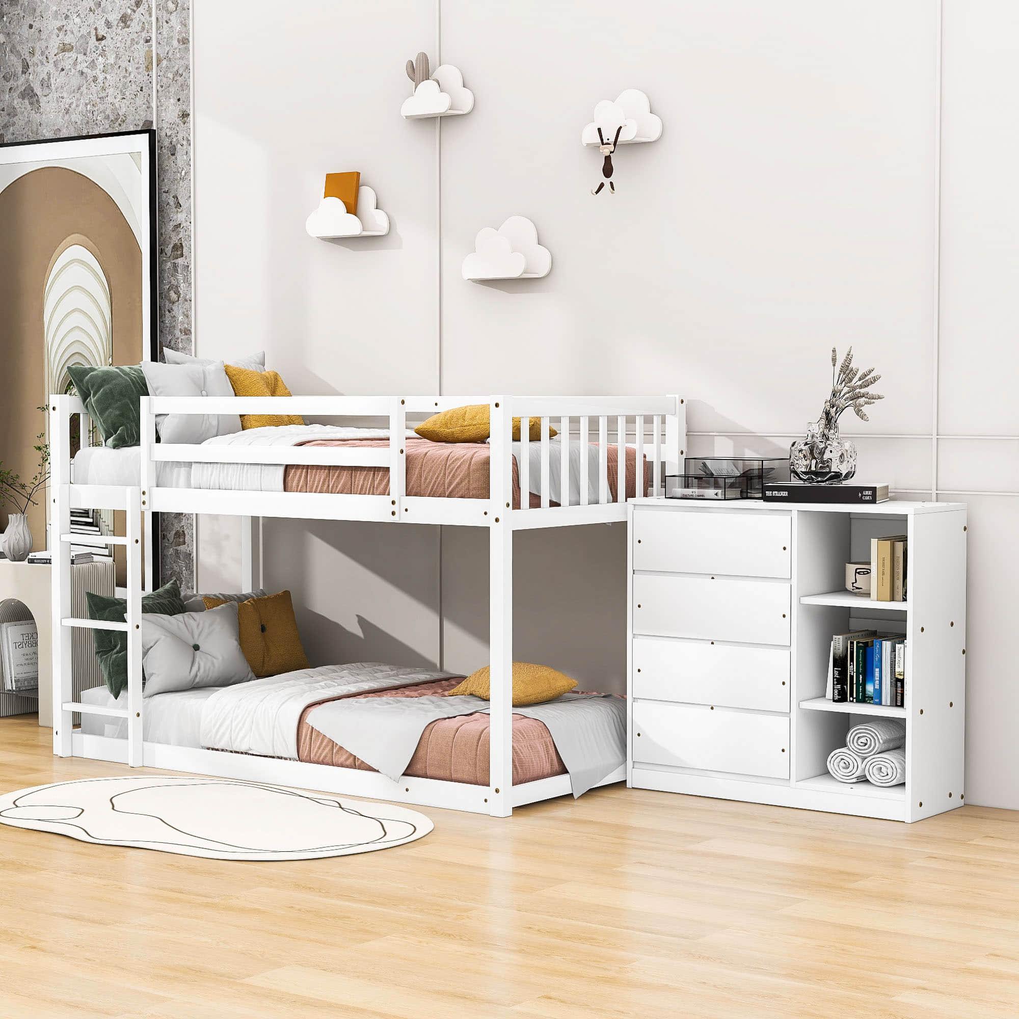 Low Twin Over Twin Bunk Beds with Detachable Storage Dresser - [Drawers, Shelves]