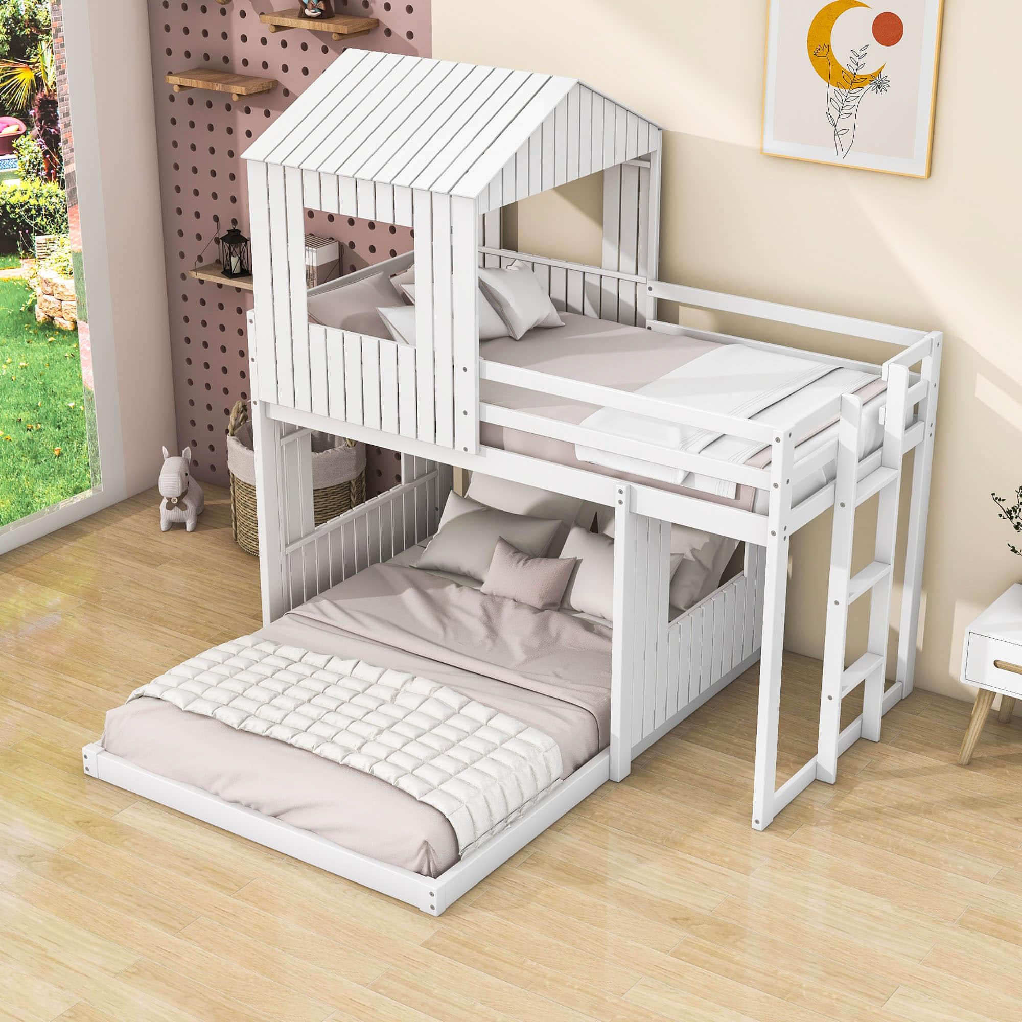 Fun Wooden L-Shaped Twin Over Full House Bunk Beds for Kids - [Low to Floor]