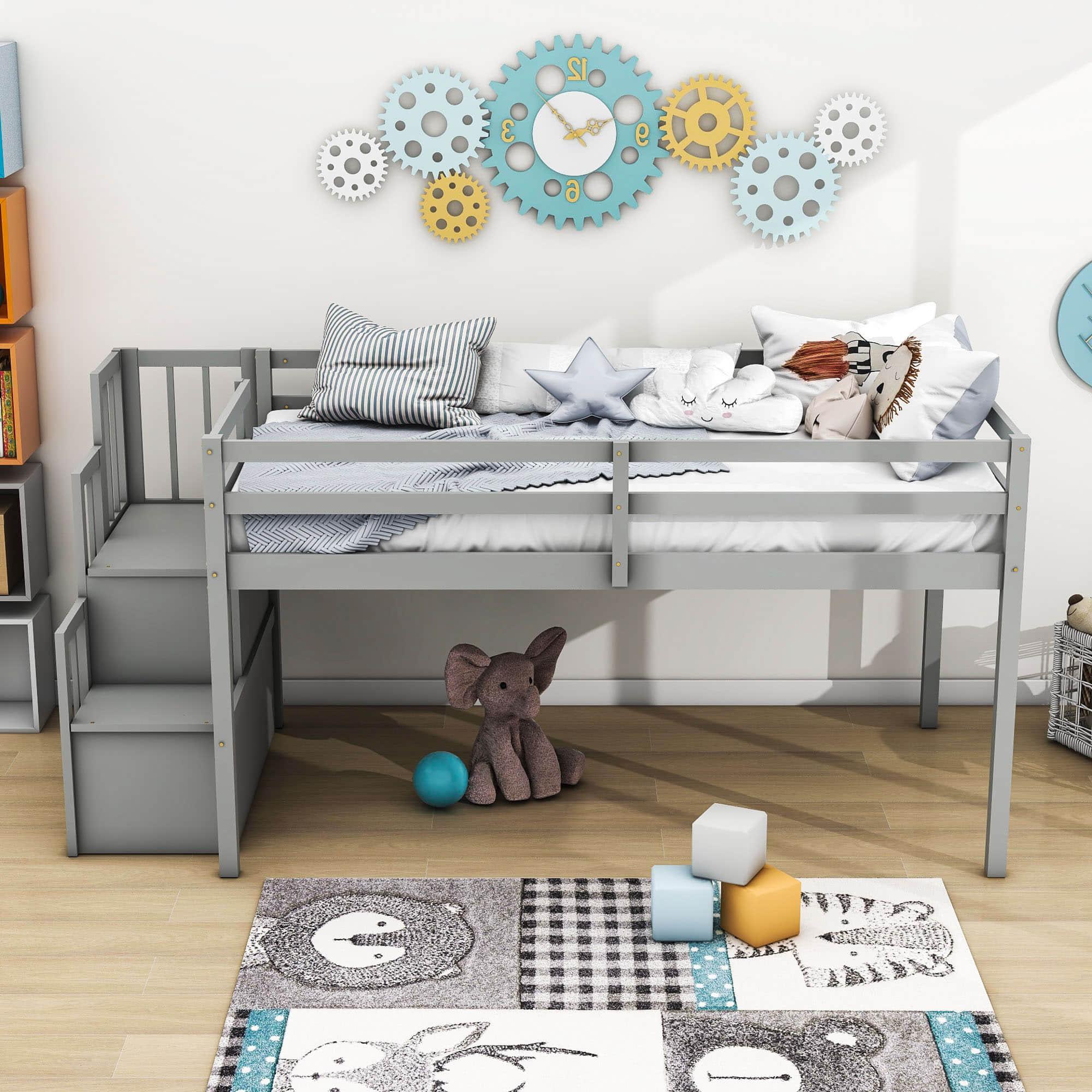 Wood Low Twin Loft Bed with Stairs and Storage for Kids, Toddler - [Shelves]