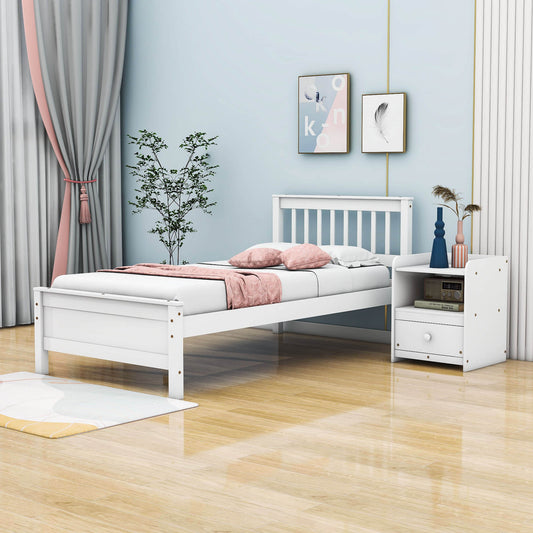 2 Pieces Wood Twin Platform Bed Frame with Nightstand Bedroom Set