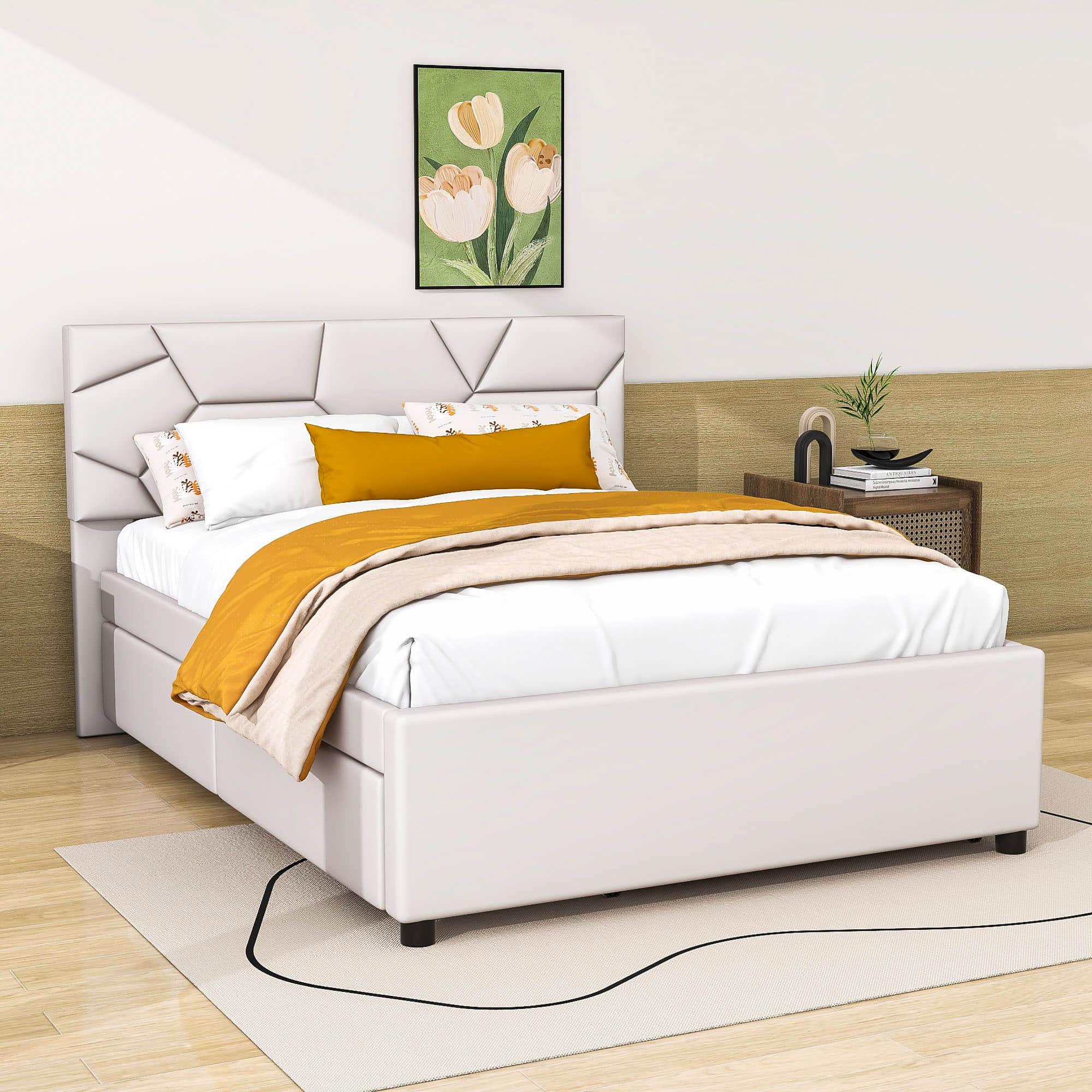 Full Size Upholstered Platform Bed with Trundle and Storage - [Drawers, Linen]