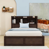 Full Platform Bed Frame with Twin Trundle Bed and Storage Headboard